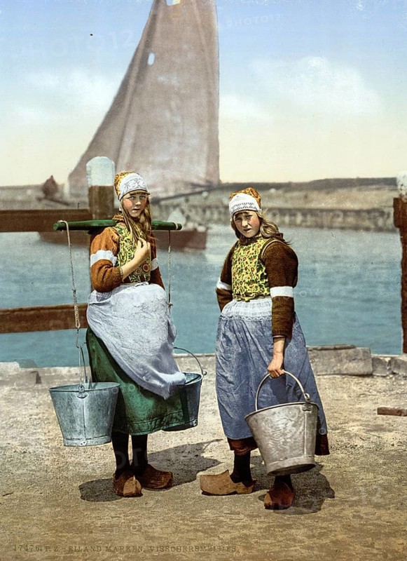 Native girls, Marken Island, Holland, ca 1895, Historical, digitally restored reproduction from a 19th century original, Record date not stated