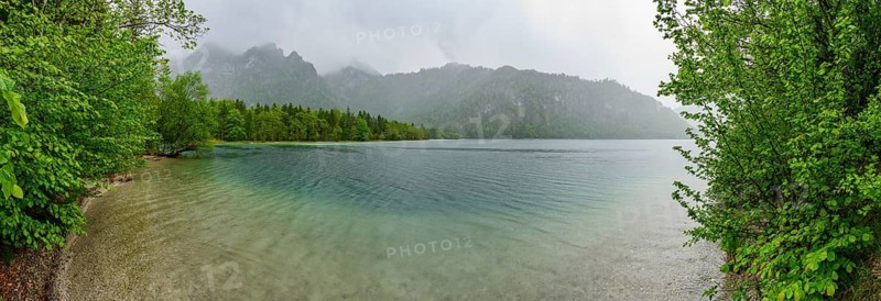 Landscape of Lake Offensee on a rainy day in spring, Salzkammergut, Austria
