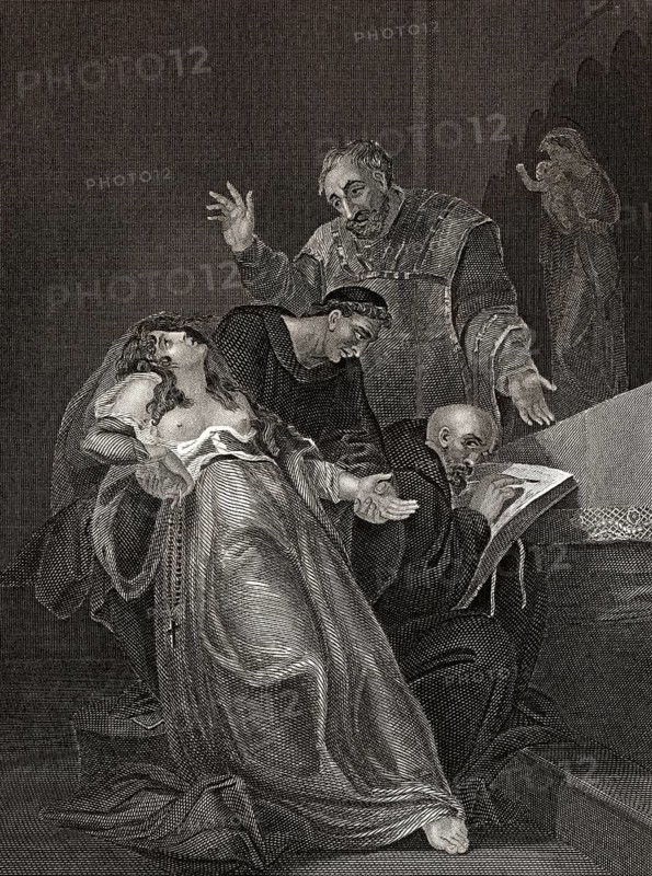 Die heilige Jungfrau von Kent, Elizabeth Barton, wird von 2 Klerikern und einem Laien verhört
