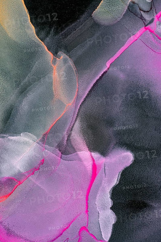 A striking display of vibrant neon colors, featuring shades of pink, orange, and green flowing dynamically on a black paper background