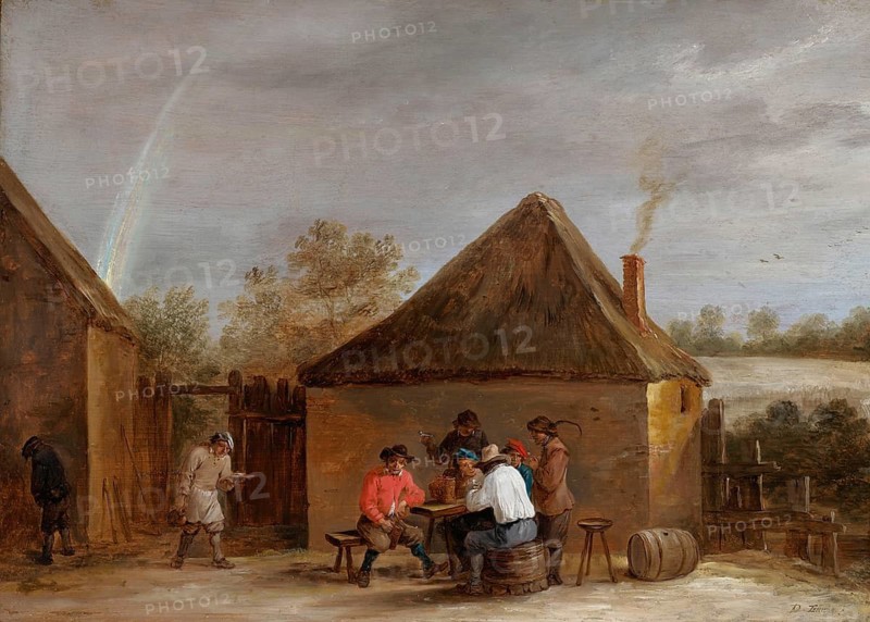 Village scene (1640), painting by David Teniers (baptised 15 December 1610 in Antwerp, died 25 April 1690 in Brussels), Flemish painter, draughtsman and curator. He was an innovator in a variety of genres such as history painting, genre painting, landscape, portrait and still life. He is most remembered today as the leading Flemish genre painter of his time, reproduction from a 17th century painting. Authentic, file restored for optimal use, exact date of original unknown