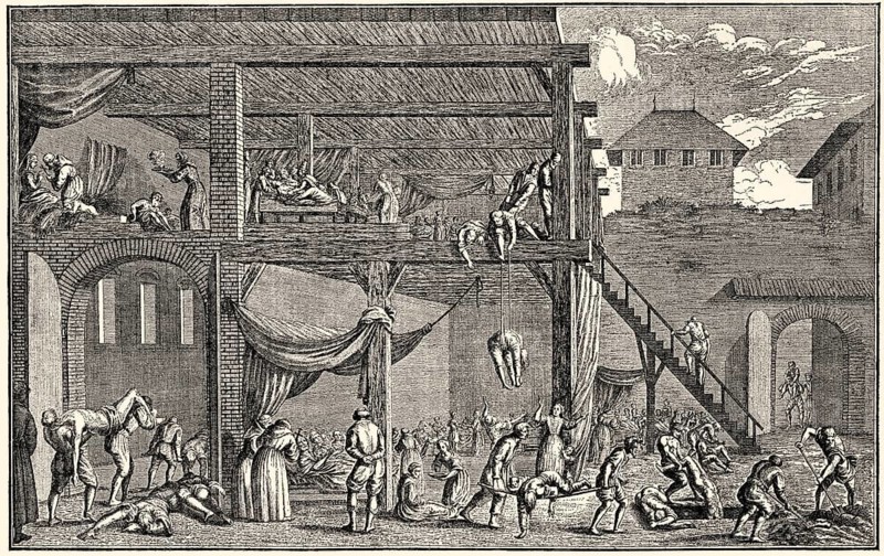 Pesthospital in Vienna, Waehringerstrasse, copper engraving, 1679, das Pesthospital oder Lazarett in Wien, Währinger Straße, Kupferstich, 1679
