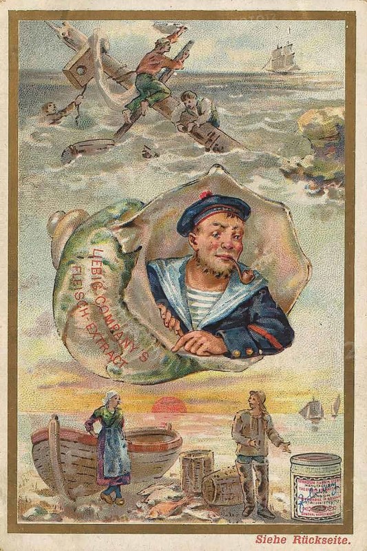 Picture series Situations at sea, Sailor, Shipwreck, Sinking, Fisherman, Liebig picture, digitally restored reproduction of a collector's picture from ca 1900, public domain, exact date unknown, A sailor in a shell in front of a stormy sea with a ship in the background