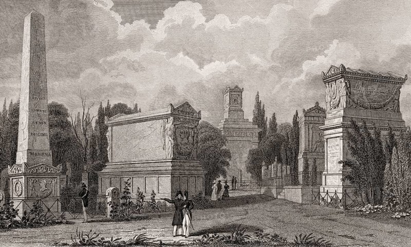 Monuments of Masséna and Lefebvre, Père Lachaise Cemetery, Paris, antique steel engraved print, 1831