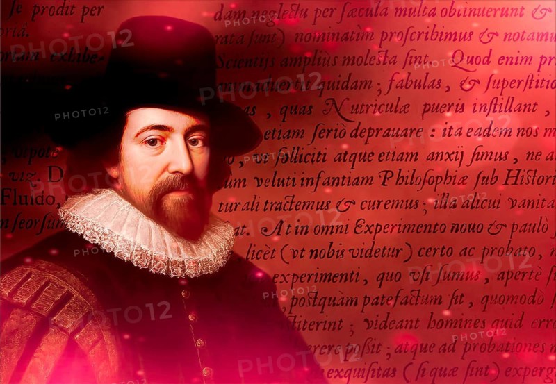 Portrait of Sir Francis Bacon, Baron Baco of Verulam, 1561 - 1626, English lawyer, statesman, essayist, historian, intellectual reformer, philosopher and scientist, title of ‚ Page from ‘Instauratio Magna‘