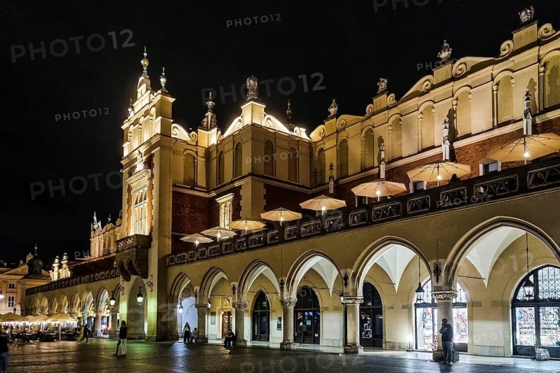 Night view of Rynek with Cloth Hall, from 13th century, Main Market Square, city landmark, Krakow, Poland