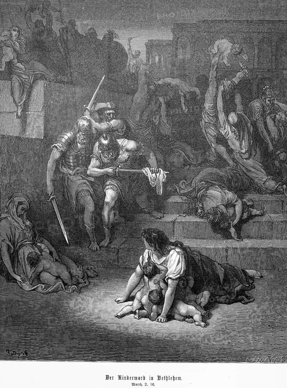 The infanticide in Bethlehem, Matthew, chapter 2, verse 16, King Herod has all boys under 2 years of age killed in Bethlehem, murder, warriors, swords, command, babies, crime, misery, grief, suffering, Christian religion, Bible, New Testament, steel engraving Doré, historical illustration 1885