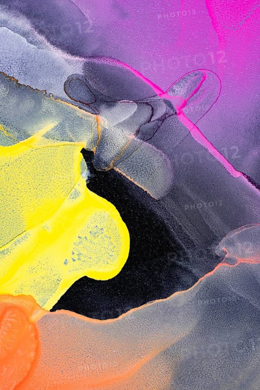 An abstract design with neon pink, bright yellow, and vibrant orange fluid shapes on a stark black background. The contrasting colors create a dynamic and eye-catching visual effect