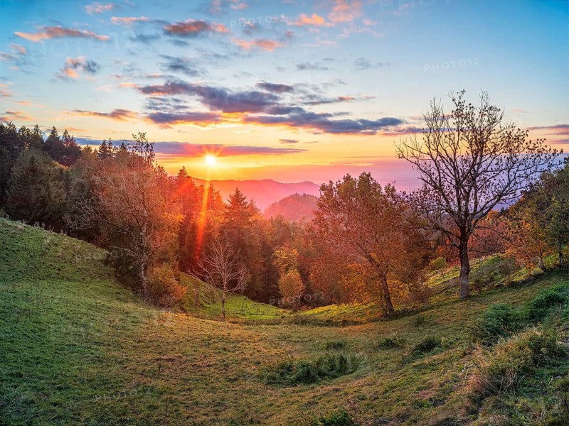 Sunset in the Scharzwald in autumn, view over the Rhine plain to the Vosges, Black Forest, Baden-Württemberg, Germany