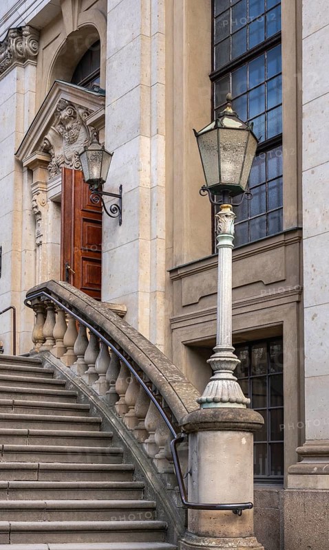 Staircase at the entrance to the concert hall in the French Cathedral on Gendarmenmarkt, Berlin, Germany