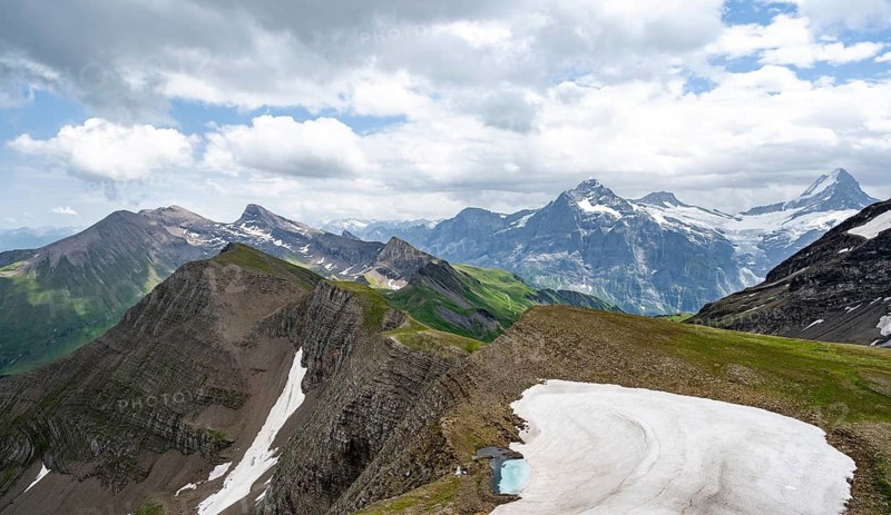 View from the summit of Faulhorn, Finsteraarhorn and Schreckhorn mountain peaks, Bernese Alps, Bernese Oberland, Switzerland