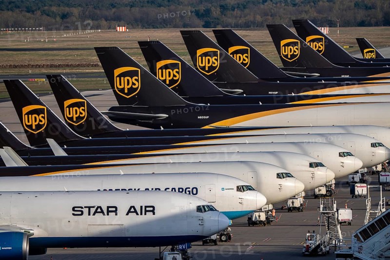 Cologne-Bonn airport, CGN, air freight center, UPS Logisic Hub, UPS cargo aircraft on the apron, Star Air Cargo aircraft, Maersk, at the logistics center