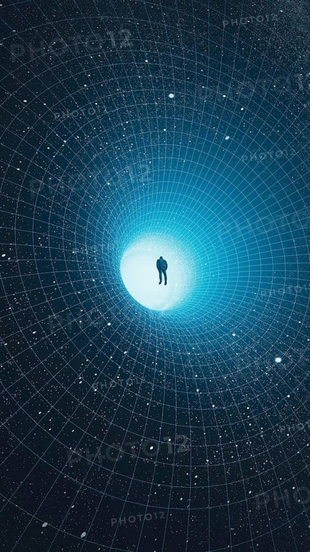 A man stands at the edge of a black hole, gazing into the depths of the universe, surrounded by stars in a mesmerizing cosmic abyss