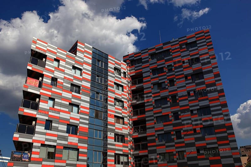 Romania, capital Bucharest, Bucuresti, colorful high-rise building