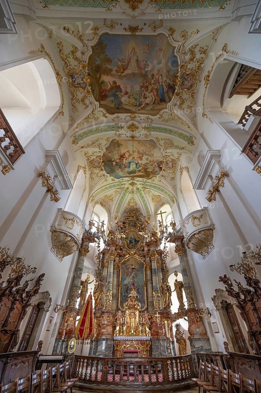 Choir room with basilica insignia of the Maria Brünnlein pilgrimage basilica in rococo style built between 1748 and 1782, Wemding, Swabia Bavaria, Germany
