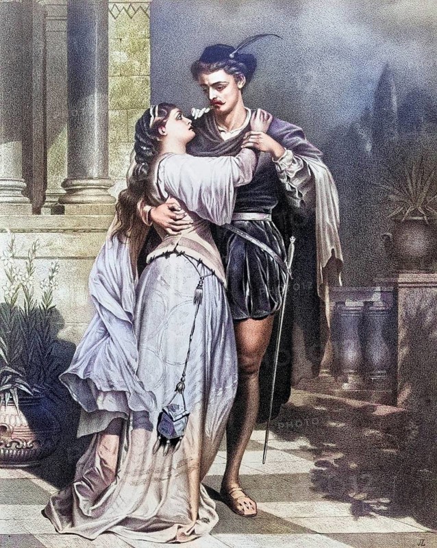 Romeo and Juliet after a 19th century engraving, Historic, digitally restored reproduction from a 19th century original, Record date not stated