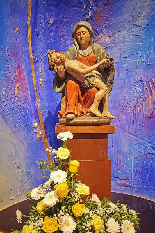 Pieta with bouquet of flowers, Mother of God, death, Jesus, carrying in arms, blue, modern art, interior, St Mauritius Church, Benedictine Abbey, Abbey, Tholey, Saarland, Germany