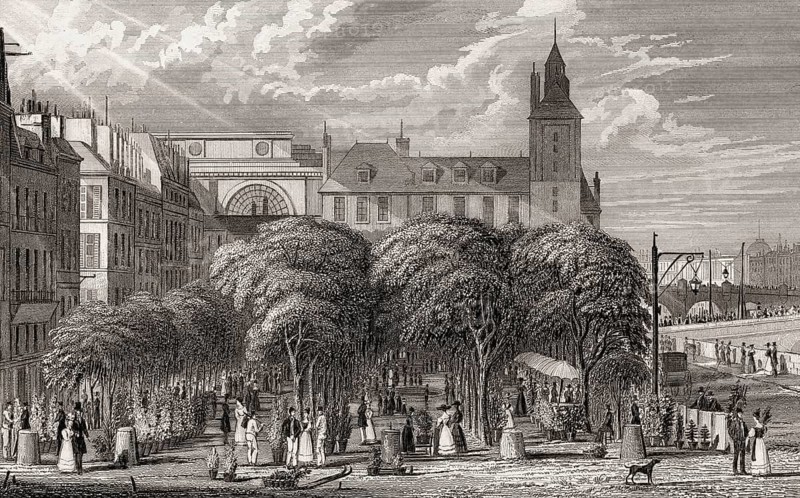 Marché aux fleurs Reine-Elizabeth-II, Paris, antique steel engraved print, 1831