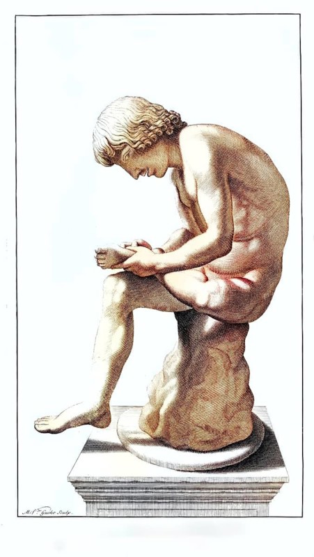Anatomy, symbolic, statue in the Capitol, Rome, Italy, a young man pulling a thorn out of his foot, seated male nude on a stone, seems to be lost in thought