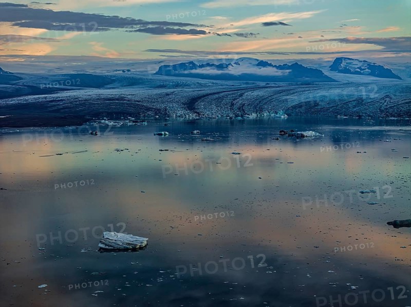 Ice floes, glacier, glacier tongue, fog, clouds, morning mood, mountains, reflection, aerial view, summer, glacier lagoon, Jökulsarlon, Vatnajökull, Iceland