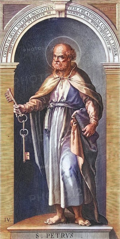 Simon Peter, according to the New Testament one of the first Jews called by Jesus Christ to follow him. He is depicted there as the spokesman for the disciples or apostles, the first confessor, but also a denier of Jesus Christ, an eyewitness of the Risen Christ and one of the leaders of the early Jerusalem church, St. Peter, Saint, coloured woodcut, digital reproduction of a 19th century original, Historical