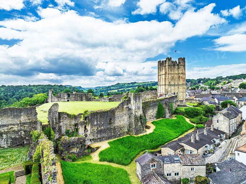 Richmond Castle from a drone, Richmond, Yorkshire Dales, North Yorkshire, England, United Kingdom