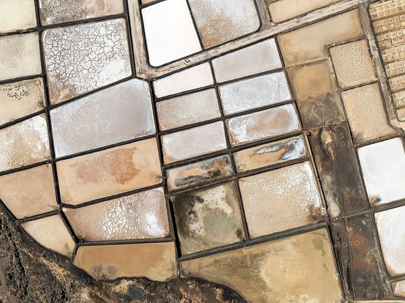Salt mining plant, Salinas de Janubio, top-down, near Yaiza, drone shot, Lanzarote, Canary Islands, Spain