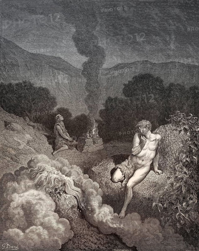 Cain and Abel offer their sacrifices, Old Testament, woodcut by Gustave Doré