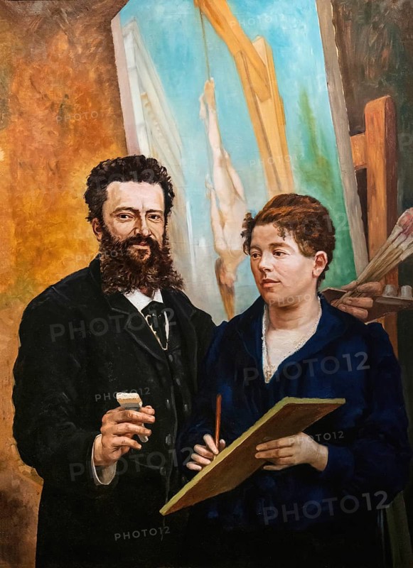 Self-portrait with woman Amelie, painting by Jean-Baptiste Cariven (1843 to 1904, French painter), reproduction of a 19th century painting, digitally restored, historical