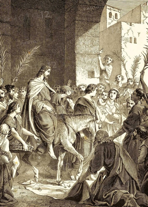 Jesus' entry into Jerusalem, hosanna, praise be there in the name of the Lord, a king of Israel, chapter 12, verse 13, Gospel of John, New Testament, city gate, Jesus, riding, donkey, crowd, palm fronds, greeting, joy, cheering, Bible, historical illustration 1850