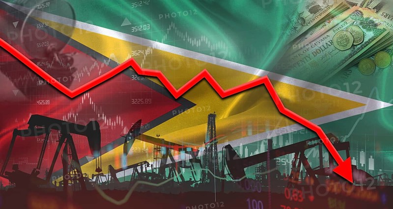 Fall oil price with Guyanese flag on economic chart. Petrol crisis with Guyana flag on financial graph