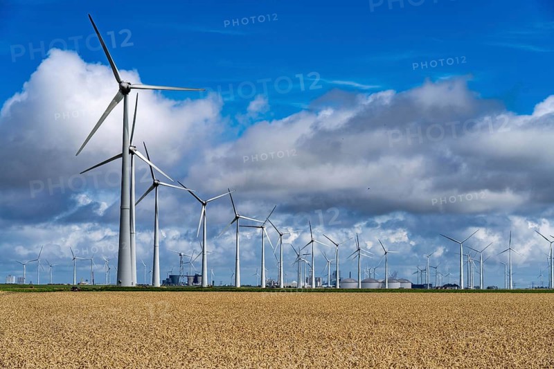 Wind farms Westereems and Growind, in the north of the Netherlands, near Eemshaven, energy centre, in addition to wind energy there are coal and gas-fired power plants and various energy infrastructure facilities, Netherlands