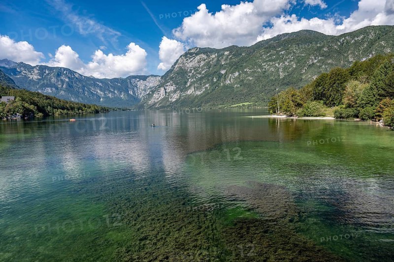 A stunning panoramic view of the crystal-clear emerald waters of Lake Bohinj surrounded by lush green forests and towering Alpine mountains under a blue sky in Slovenia