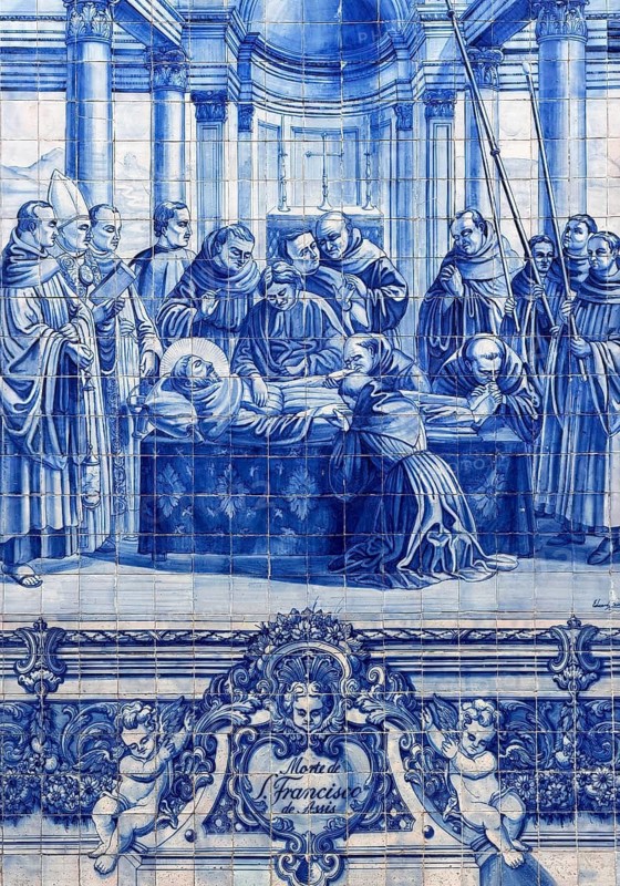 Capela das Almas de Santa Catarina, exterior façade with azulejo tiles depicting the death of Saint Francis of Assis, Porto, Portugal