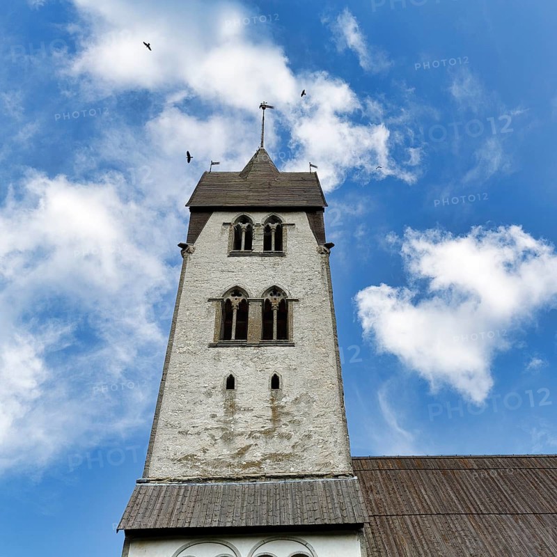 Steeple of the medieval church of Gothem, Gothem Kyrka, detail, east coast, island of Gotland, Sweden