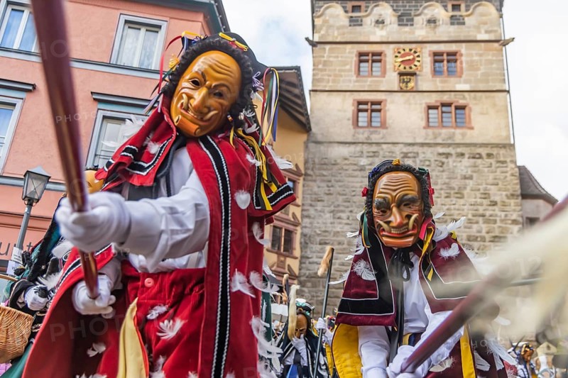 The highlight of the Swabian-Alemannic carnival is the fool's jump in Rottweil. Around 4000 fools jump through the historic Black Gate. The figure of Federahannes, who makes huge jumps, is distinctive. Rottweil, Black Forest, Baden-Württemberg, Germany