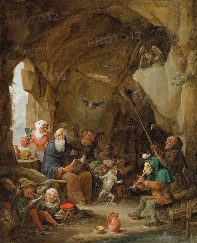 The Temptation of Saint Anthony, painting by David Teniers (baptised 15 December 1610 in Antwerp, died 25 April 1690 in Brussels), Flemish painter, draughtsman and curator. He was an innovator in a variety of genres such as history painting, genre painting, landscape, portrait and still life. He is most remembered today as the leading Flemish genre painter of his time, reproduction from a 17th century painting. Authentic, file restored for optimal use, exact date of original unknown