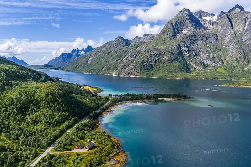 Aerial view of a bay at Raften at the Raftsund, the waterway between Lofoten and Vesteralen, Norway