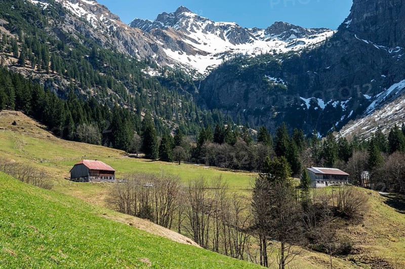 View from Berggasthof Gaissalpe of Richter Alpe and UntereRichter Alpe, snow-covered Gaissalphorn and Geissfuss in the back, Reichenbach, Oberstdorf, Oberallgäu, Allgäu Alps, Allgäu, Bavaria, Germany