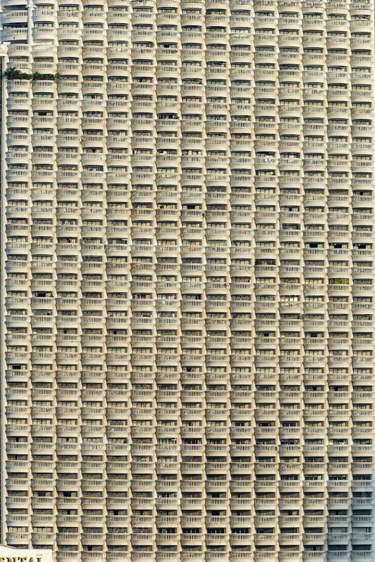 High-rise façade with numerous flats and hotel rooms, State Tower, (Lebua at State Tower), Bang Rak district, Bangkok, Thailand