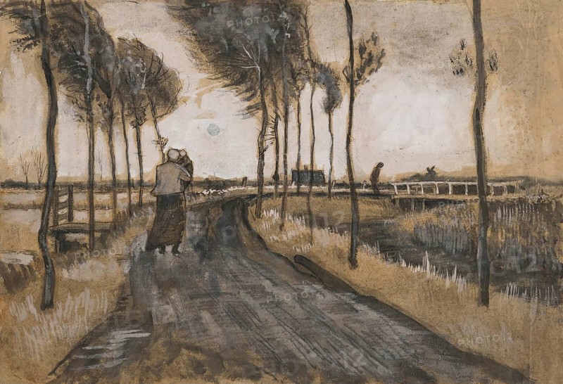 Landschap met Lopende Vrouw (1883), Landscape with a Woman Walking (1883), Painting by Vincent Willem van Gogh (born 30 March 1853 in Groot-Zundert, died 29 July 1890 in Auvers-sur-Oise), Dutch painter and draughtsman, one of the founders of modern painting, Illustration, Reproduction from a painting. Authentic, exact date of the original unknown, Historical, Couple walking on a windy path between trees in a melancholic landscape
