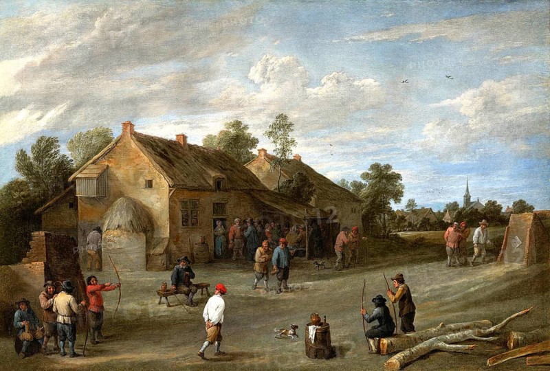 The Archers (1645-1649), painting by David Teniers (baptised 15 December 1610 in Antwerp, died 25 April 1690 in Brussels), Flemish painter, draughtsman and curator. He was an innovator in a variety of genres such as history painting, genre painting, landscape, portrait and still life. He is most remembered today as the leading Flemish genre painter of his time, reproduction from a 17th century painting. Authentic, file restored for optimal use, exact date of original unknown
