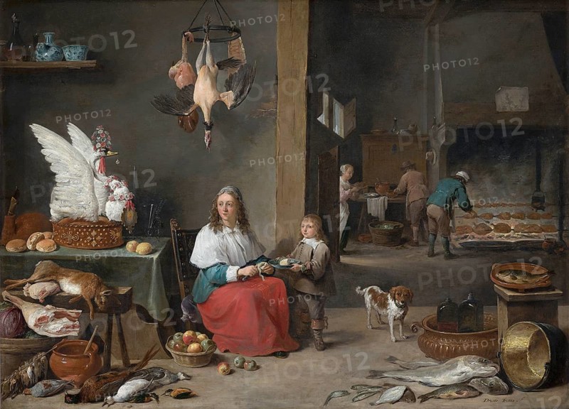 Kitchen interior (1644), painting by David Teniers (baptised 15 December 1610 in Antwerp, died 25 April 1690 in Brussels), Flemish painter, draughtsman and curator. He was an innovator in a variety of genres such as history painting, genre painting, landscape, portrait and still life. He is most remembered today as the leading Flemish genre painter of his time, reproduction from a 17th century painting. Authentic, file restored for optimal use, exact date of original unknown