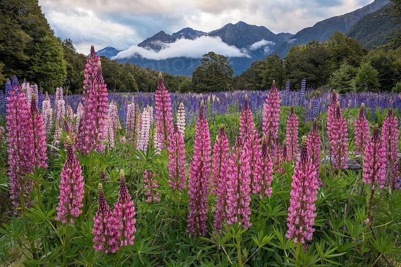 Landscape in New Zealand with mountains and flowering lupines (Lupinus) . Cascade Creek, Fiordland National Park, Southland Region, South Island, New Zealand