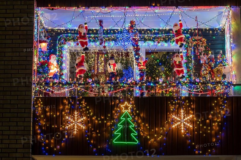 Christmassy decorated balcony, Gällivare, Norrbotten, Lapland, Sweden, December 2022