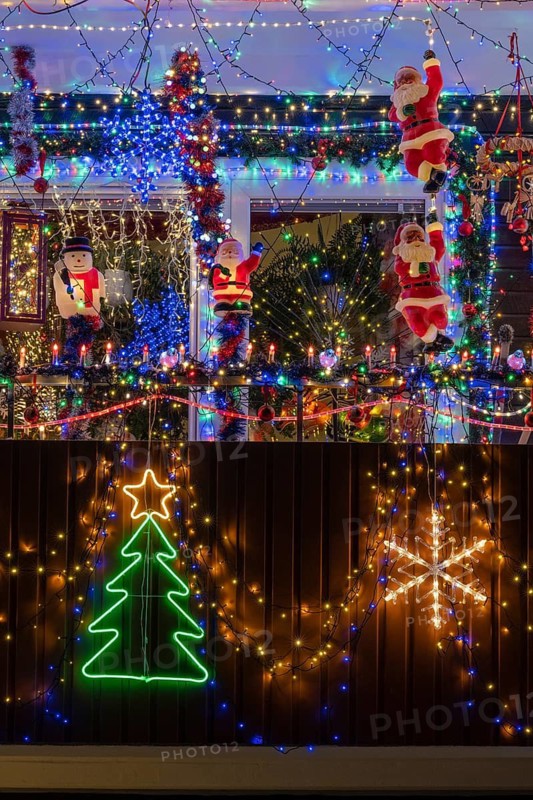 Christmassy decorated balcony, Gällivare, Norrbotten, Lapland, Sweden, December 2022