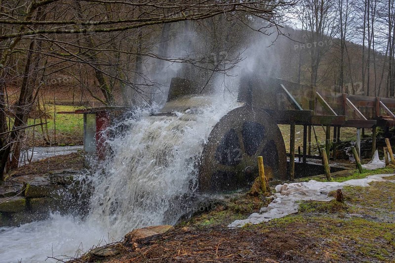 Waterwheel driven by floods, Egloffstein, Upper Franconia, Bavaria, Germany