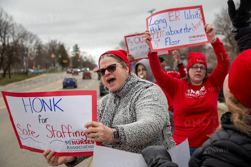 Lapeer, Michigan USA - 10 April 2026 - Members of the Michigan Nurses Association rally as their union contract at McLaren Lapeer Region Hospital is about to expire. The rally is part of MNA's 'Week of Action' for fair contracts at unionized hospitals in Michigan