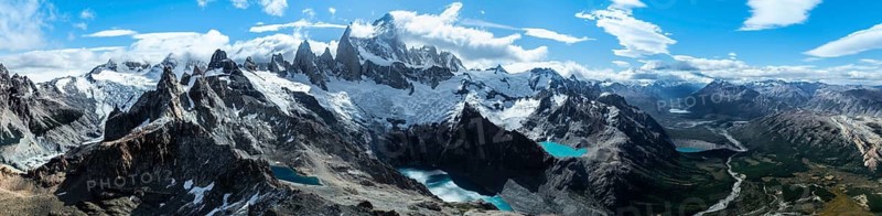 Aerial View, Epic Panorama, Large Glaciers, Lago de los Tres Laguna Sucia Glacier Lakes, Mountains and Peaks of Monte Fitz Roy, Mount Fitz Roy, Cerro Chalten, Los Glaciares National Park, Patagonia, Santa Cruz Province, Argentina