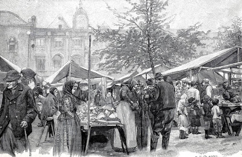 Church market in Lower Austria, 1890, market scene with many people, Austria, illustration, reproduction from a model from the 19th century. Authentic, file restored for optimal use, exact date of submission unknown, historical